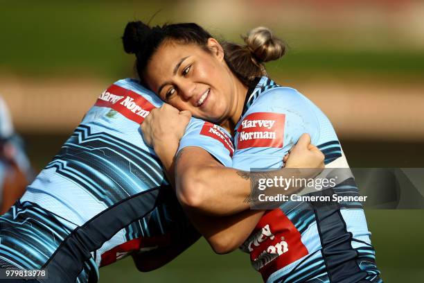 Corban McGregor of the Blues performs a drill during the New South Wales women's State of Origin captain's run at North Sydney Oval on June 21, 2018...