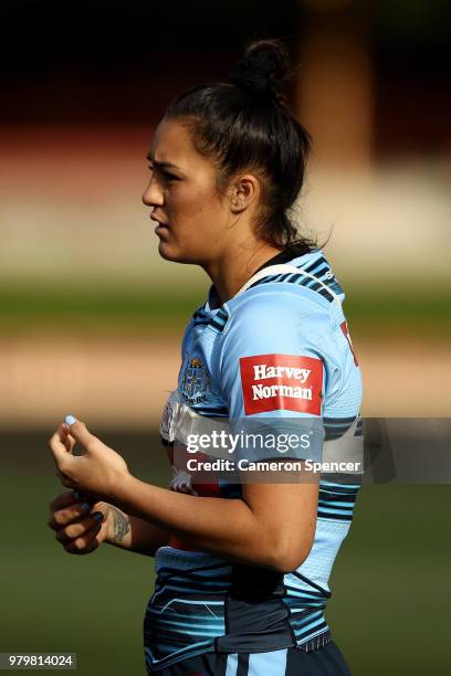 Corban McGregor of the Blues looks on during the New South Wales women's State of Origin captain's run at North Sydney Oval on June 21, 2018 in...