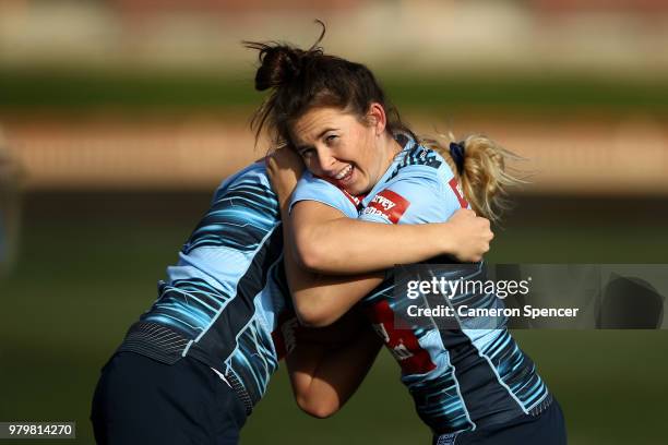 Quincy Dodd of the Blues performs a drill during the New South Wales women's State of Origin captain's run at North Sydney Oval on June 21, 2018 in...