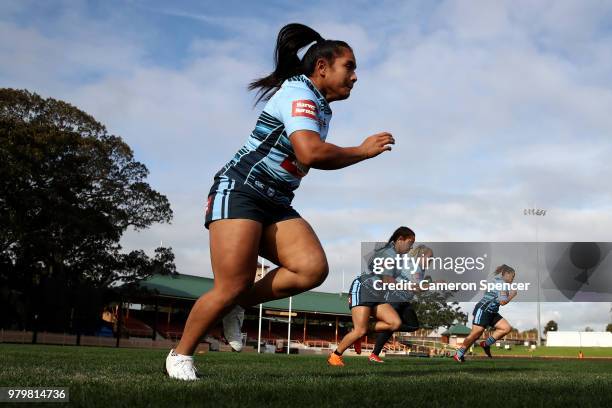 Simaima Taufa of the Blues warms up during the New South Wales women's State of Origin captain's run at North Sydney Oval on June 21, 2018 in Sydney,...