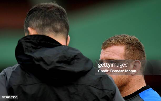 Sydney , Australia - 21 June 2018; Sean Cronin speaking to defence coach Andy Farrell during Ireland rugby squad training at North Sydney Oval in...