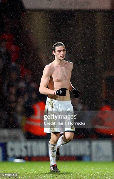 Andy Carroll of Newcastle celebrates victory at the end of the Coca Cola Championship match between Doncaster Rovers and Newcastle United at The...