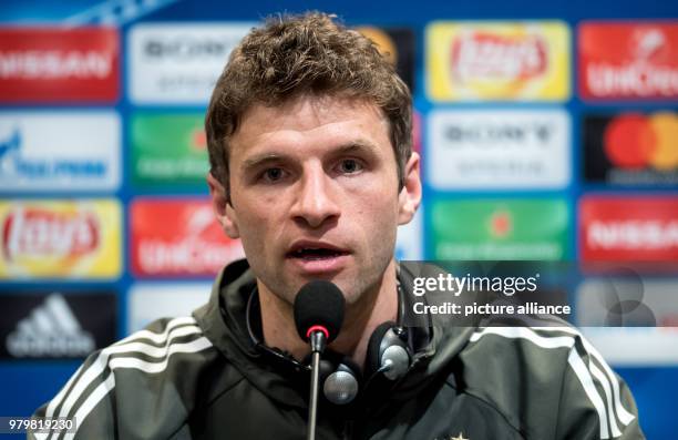 March 2018, Istanbul, Turkey: Soccer, Champions League, Besiktas Istanbul vs Bayern Munich press conference. Bayern's Thomas Mueller speaking to...