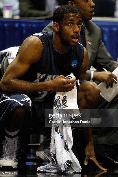 Dante Jackson of the Xavier Musketeers looks on in the first half while taking on the Pittsburgh Panthers during the second round of the 2010 NCAA...