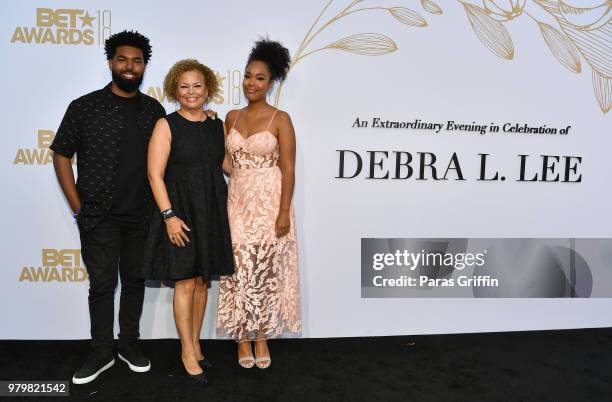 Debra Lee poses with her children, Quinn Coleman and Ava Coleman at the Debra Lee Pre-BET Awards Dinner at Vibiana on June 20, 2018 in Los Angeles,...