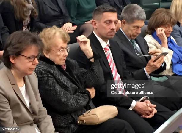 March 2018, Germany, Berlin: Merkel's office manager Beate Baumann , Merkel's mother Herlind Kasner, Daniel Sauer, Merkel's husband Joachim Sauer and...