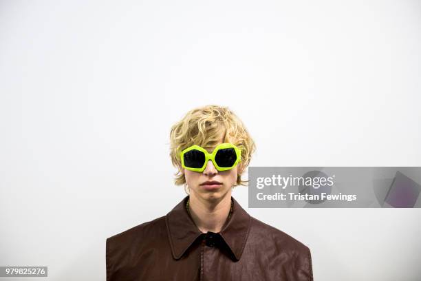 Model poses backstage prior the Walter Van Beirendonck Menswear Spring Summer 2019 show as part of Paris Fashion Week on June 20, 2018 in Paris,...