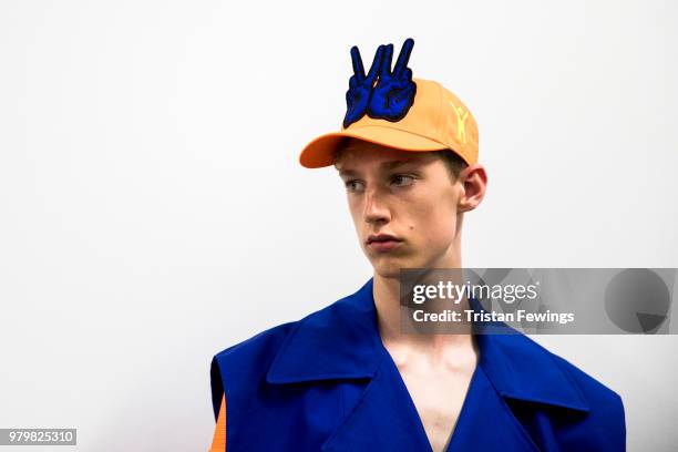 Model poses backstage prior the Walter Van Beirendonck Menswear Spring Summer 2019 show as part of Paris Fashion Week on June 20, 2018 in Paris,...