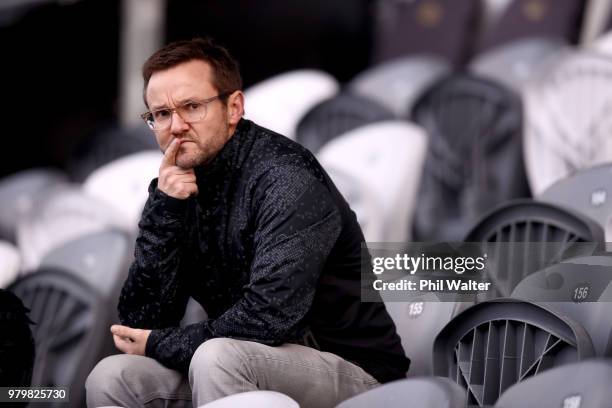 Former Black Caps coach Mike Hesson looks on during a New Zealand All Blacks training session at Forsyth Barr Stadium on June 21, 2018 in Dunedin,...