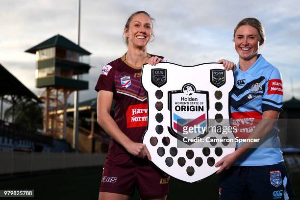 Maroons captain Colleen Edwards poses with Blues captain Maddison Studdon during the Women's State of Origin Media Opportunity at North Sydney Oval...
