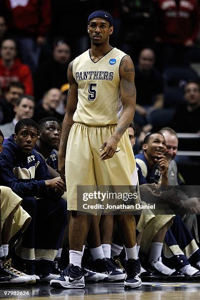 Gilbert Brown of the Pittsburgh Panthers walks by the Panthers bench against the Xavier Musketeers during the second round of the 2010 NCAA men's...