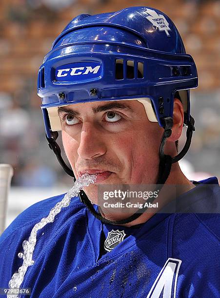 Tomas Kaberle of the Toronto Maple Leafs spits out water during warm-up prior to game action against the Florida Panthers March 23, 2010 at the Air...