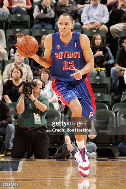 Tayshaun Prince of the Detroit Pistons brings the ball upcourt against the Indiana Pacers during the game on March 19, 2010 at Conseco Fieldhouse in...