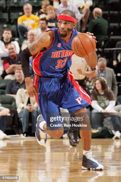 Richard Hamilton of the Detroit Pistons drives the ball upcourt against the Indiana Pacers during the game on March 19, 2010 at Conseco Fieldhouse in...