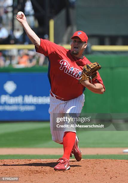 Pitcher Joe Blanton of the Philadelphia Phillies starts against the Tampa Bay Rays March 23, 2010 at Bright House Field in Clearwater, Florida.