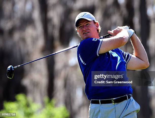 Ernie Els of South Africa hits a shot during the second day's play of the Tavistock Cup at Isleworth Golf and Country Club on March 23, 2010 in...