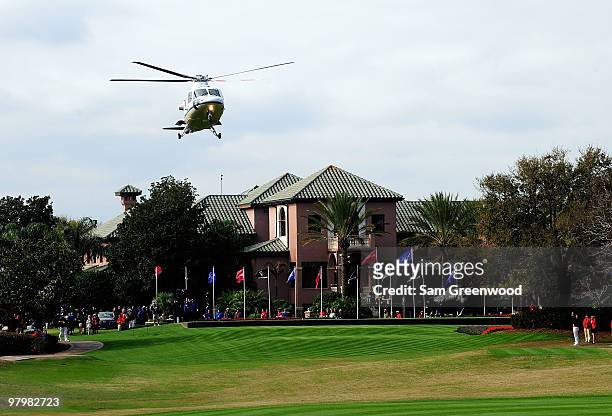 Helicopter arrives with the Lake Nona team prior to the second day's play of the Tavistock Cup at Isleworth Golf and Country Club on March 23, 2010...