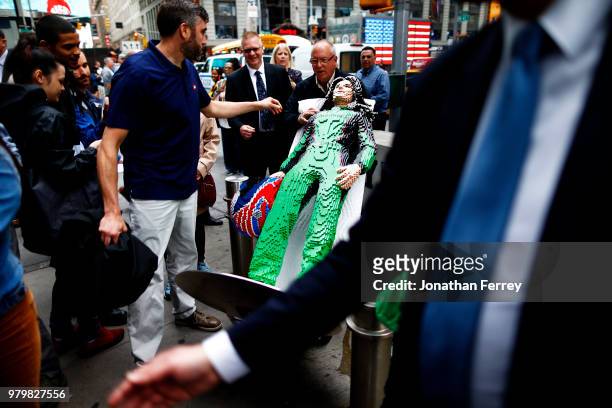 Lego replica of Danica Patrick is wheeled through New York City on a media tour for the Indianapolis 500 on May 22, 2018 in New York City.