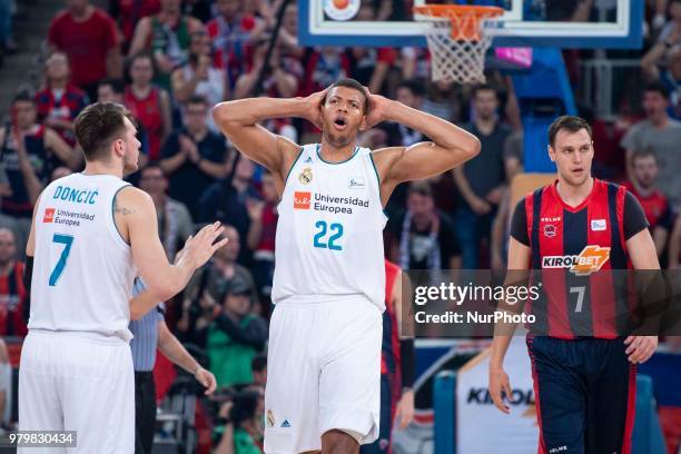 Real Madrid Luka Doncic and Walter Tavares and Kirolbet Baskonia Johannes Voigtmann during Liga Endesa Finals match between Kirolbet Baskonia and...