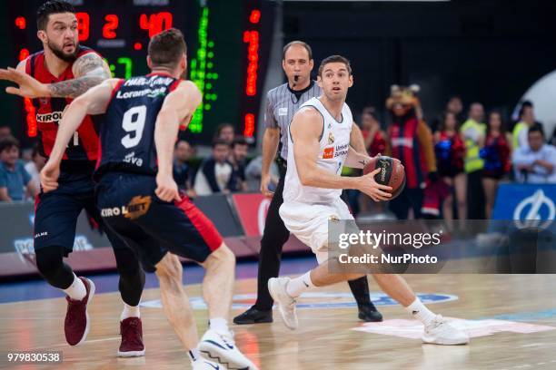 Real Madrid Fabien Causeur and Kirolbet Baskonia Marcelinho Huertas during Liga Endesa Finals match between Kirolbet Baskonia and Real Madrid at...