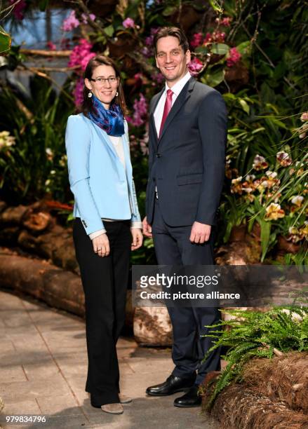 March, Germany, Mainau: Bettina Countess Bernadotte and Bjoern Count Bernadotte stand the palm house at the Lake Constance island Mainau. The...