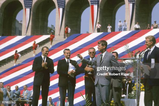 Attorney General Robert F. Kennedy appears at the USA v USSR Dual Track & Field Meet at Los Angeles Memorial Coliseum in August 1964 in Los Angeles,...