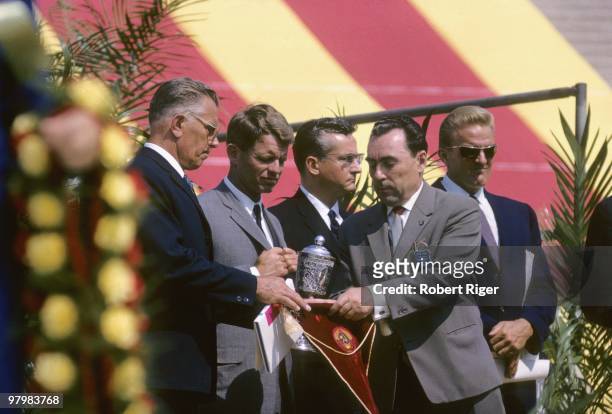 Attorney General Robert F. Kennedy appears at the USA v USSR Dual Track & Field Meet at Los Angeles Memorial Coliseum in August 1964 in Los Angeles,...
