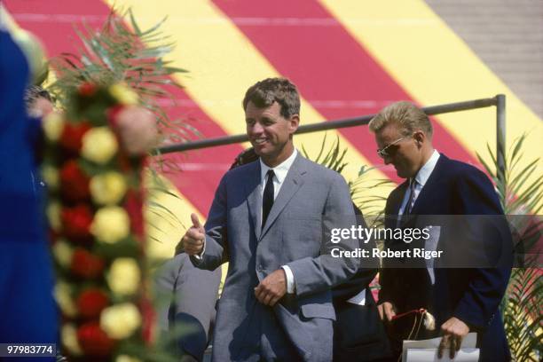 Attorney General Robert F. Kennedy appears at the USA v USSR Dual Track & Field Meet at Los Angeles Memorial Coliseum in August 1964 in Los Angeles,...