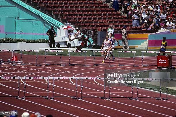 Edwin Moses competes in a preliminary heat of the 400 metre hurdles during the 1984 Summer Olympics at Los Angeles Memorial Coliseum in August 1984...