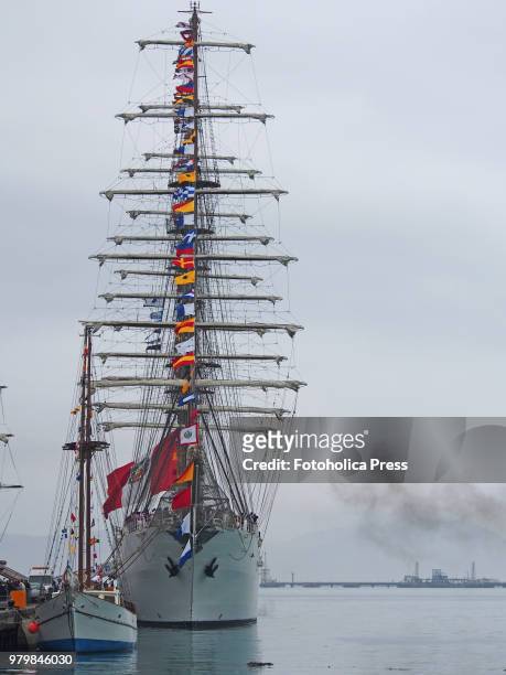 Bow view of the BAP Union sailing ship from Peru moored to the dock during the "Velas Latinoamerica 2018" nautical event, which takes place in Lima...