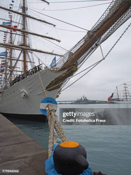 Bow view of the ARA Libertad from Argentina moored to the dock during the "Velas Latinoamerica 2018" nautical event, which takes place in Lima Peru....