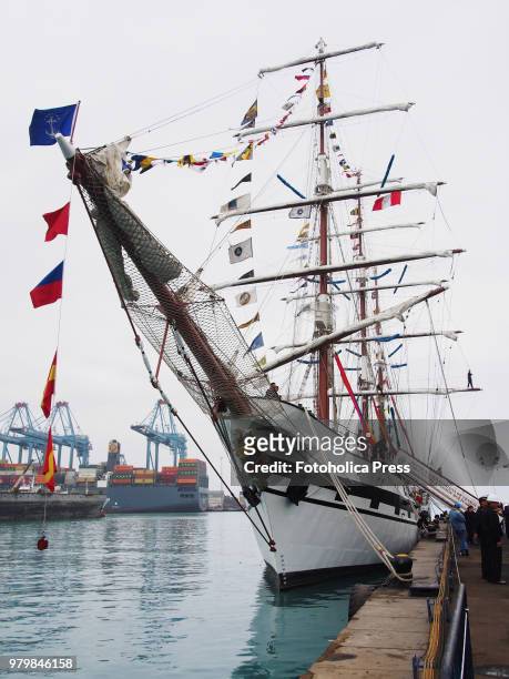Bow view of the ARBV Simon Bolivar from Venezuela moored to the dock during the "Velas Latinoamerica 2018" nautical event, which takes place in Lima...