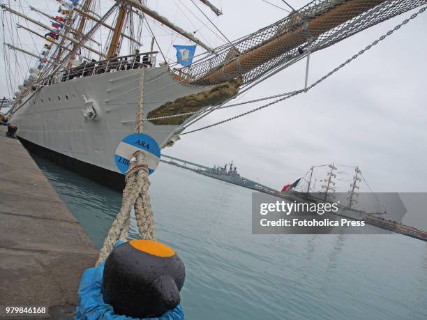 Bow view of the ARA Libertad from Argentina moored to the dock during the "Velas Latinoamerica 2018" nautical event, which takes place in Lima Peru....