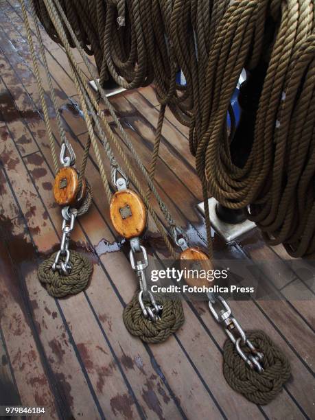 Three pulleys on the deck of the Esmeralda from Chile moored to the dock during the "Velas Latinoamerica 2018" nautical event, which takes place in...