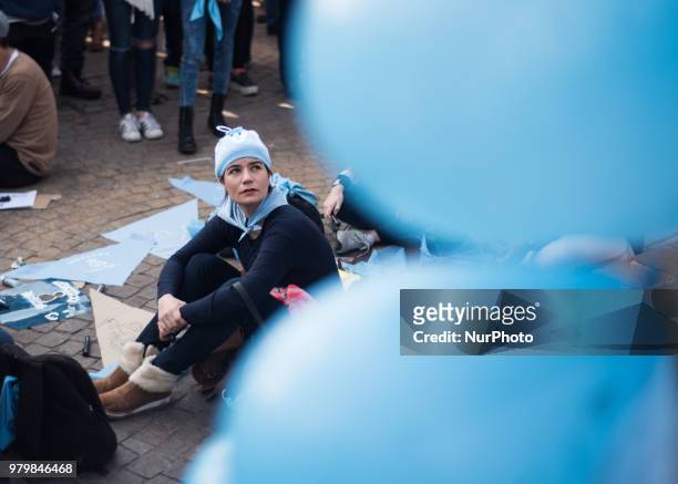People demonstrate in rejection of the decriminalization of abortion in Buenos Aires, Argentina, on 20 June 2018 with the 'save the two lives'. A...