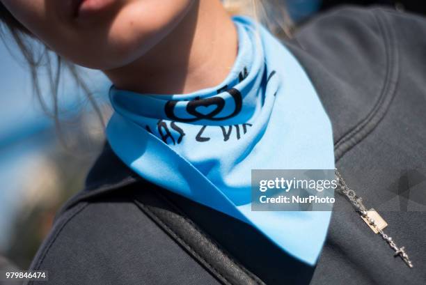 People demonstrate in rejection of the decriminalization of abortion in Buenos Aires, Argentina, on 20 June 2018 with the 'save the two lives'. A...