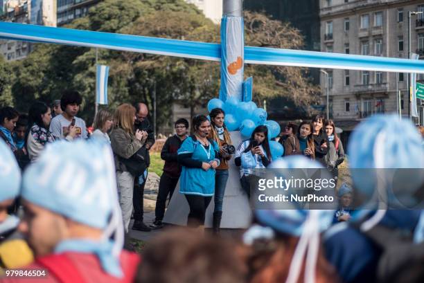 People demonstrate in rejection of the decriminalization of abortion in Buenos Aires, Argentina, on 20 June 2018 with the 'save the two lives'. A...