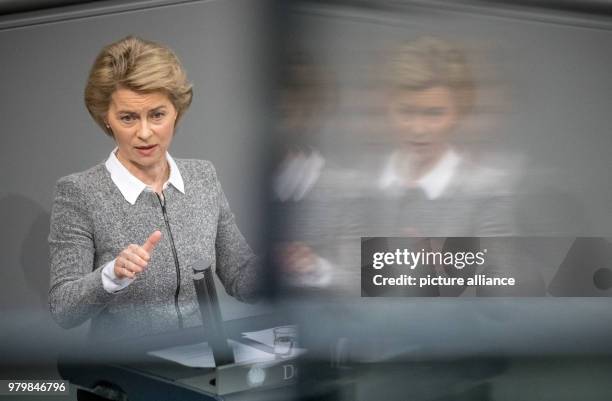March 2018, Germany, Berlin: Ursula von der Leyen , Defence Minister, speaking to the deputies in the Bundestag . The parliamentary session's order...