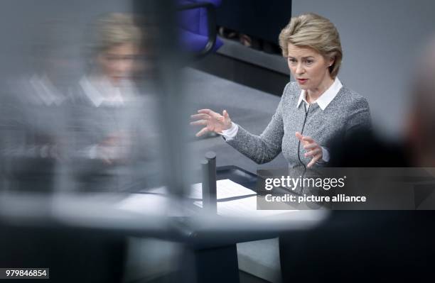 March 2018, Germany, Berlin: Ursula von der Leyen , Defence Minister, speaking to the deputies in the Bundestag . The parliamentary session's order...