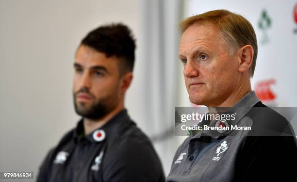 Sydney , Australia - 21 June 2018; Ireland head coach Joe Schmidt, right and Conor Murray during an Ireland rugby press conference in Sydney,...