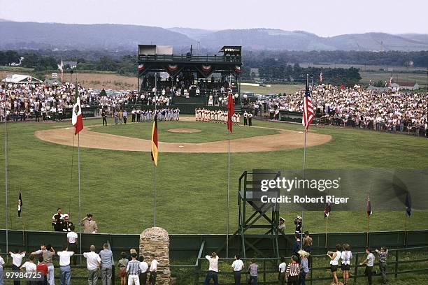 General view of the National Anthem before the 1961 Little League World Series game between Hilo, Hawaii and Montreal, Quebec, Canada at Howard J....