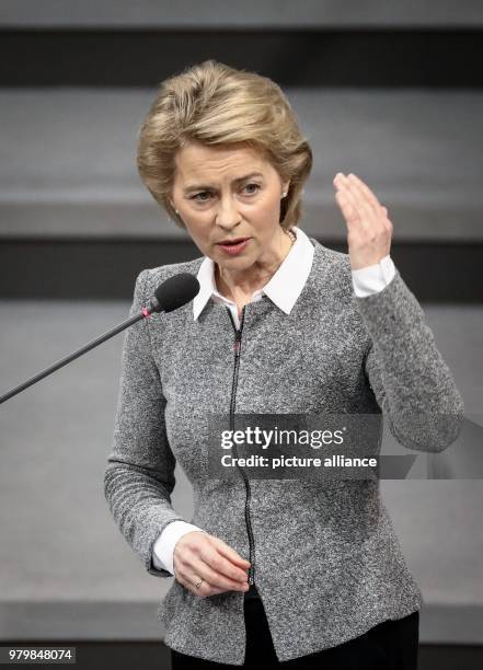 Dpatop - German Defence Minister Ursula von der Leyen delivers a speech during a session of the German parliament at the Bundestag in Berlin,...