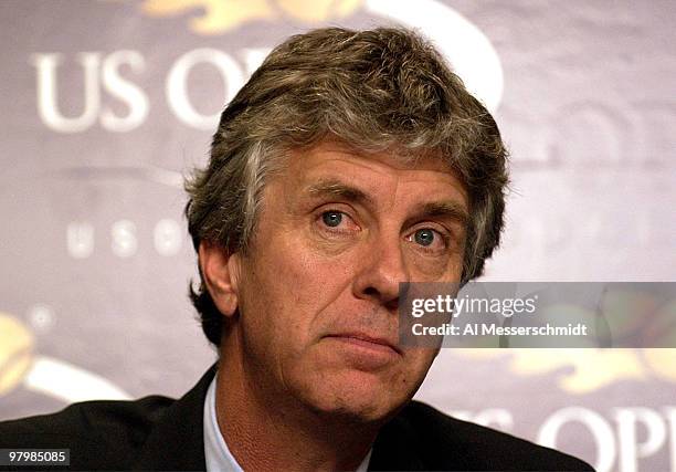 Brian Earley, the U. S. Open tournament referee, talks to the media about rain delays Tuesday, September 2, 2003 at the U. S. Open in New York.