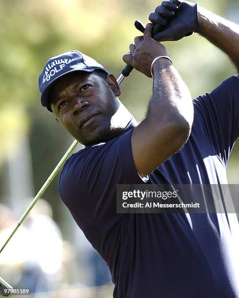 Dennis Haysbert follows a tee shot during the second round at the PGA Tour - 45th Bob Hope Chrysler Classic Pro Am at La Quinta Country Club January...