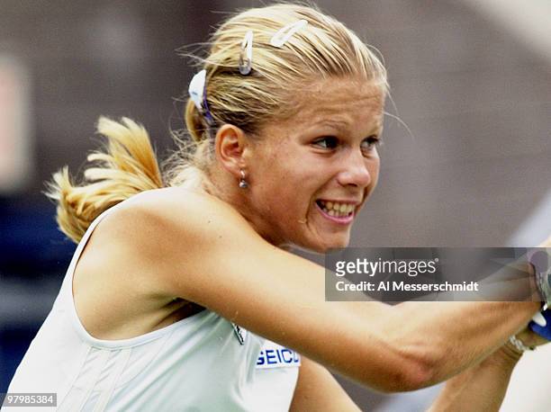 Melinda Czink raps a forehand Friday, August 29, 2003 at the U. S. Open in New York. Czink was defeated by third-seeded Lindsay Davenport .