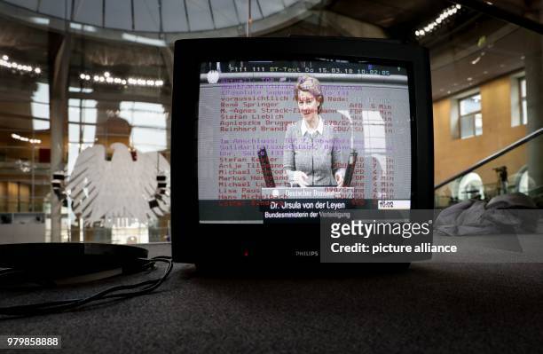 Dpatop - A speech of German Defence Minister Ursula von der Leyen during a session of the German parliament is televised at the Bundestag in Berlin,...