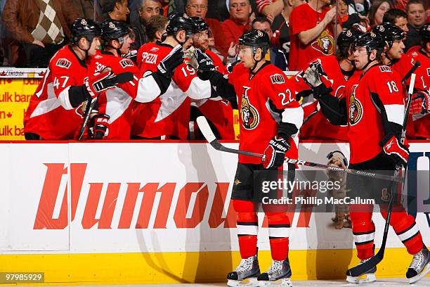 Chris Kelly of the Ottawa Senators celebrates his goal against the Philadelphia Flyers with his teammates on the bench in a game at Scotiabank Place...