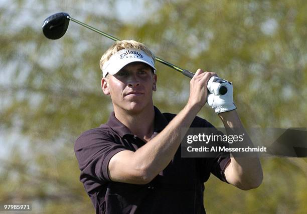 Ricky Barnes tees off during second round competition January 30, 2004 at the 2004 FBR Open at the Tournament Players Club at Scottsdale, Arizona.