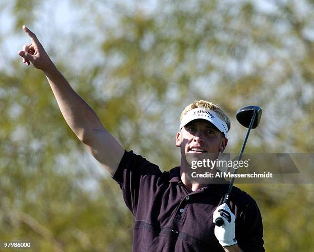 Ricky Barnes signals an errant drive during second round competition January 30, 2004 at the 2004 FBR Open at the Tournament Players Club at...