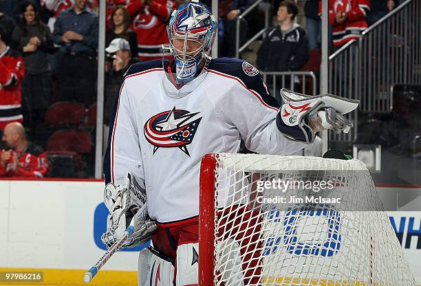 Steve Mason of the Columbus Blue Jackets looks on in the second period after surrendering his fifth goal against the New Jersey Devils at the...